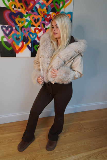 Daphne Faux Leather Coat with fur - Cream