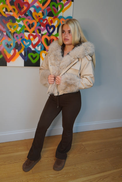 Daphne Faux Leather Coat with fur - Cream