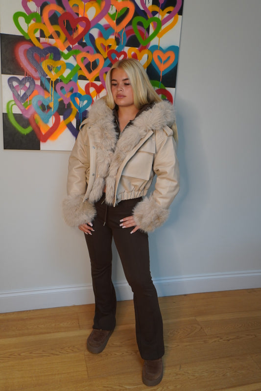 Daphne Faux Leather Coat with fur - Cream