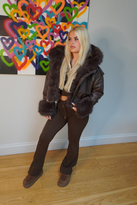 Daphne Faux Leather coat with fur - Brown